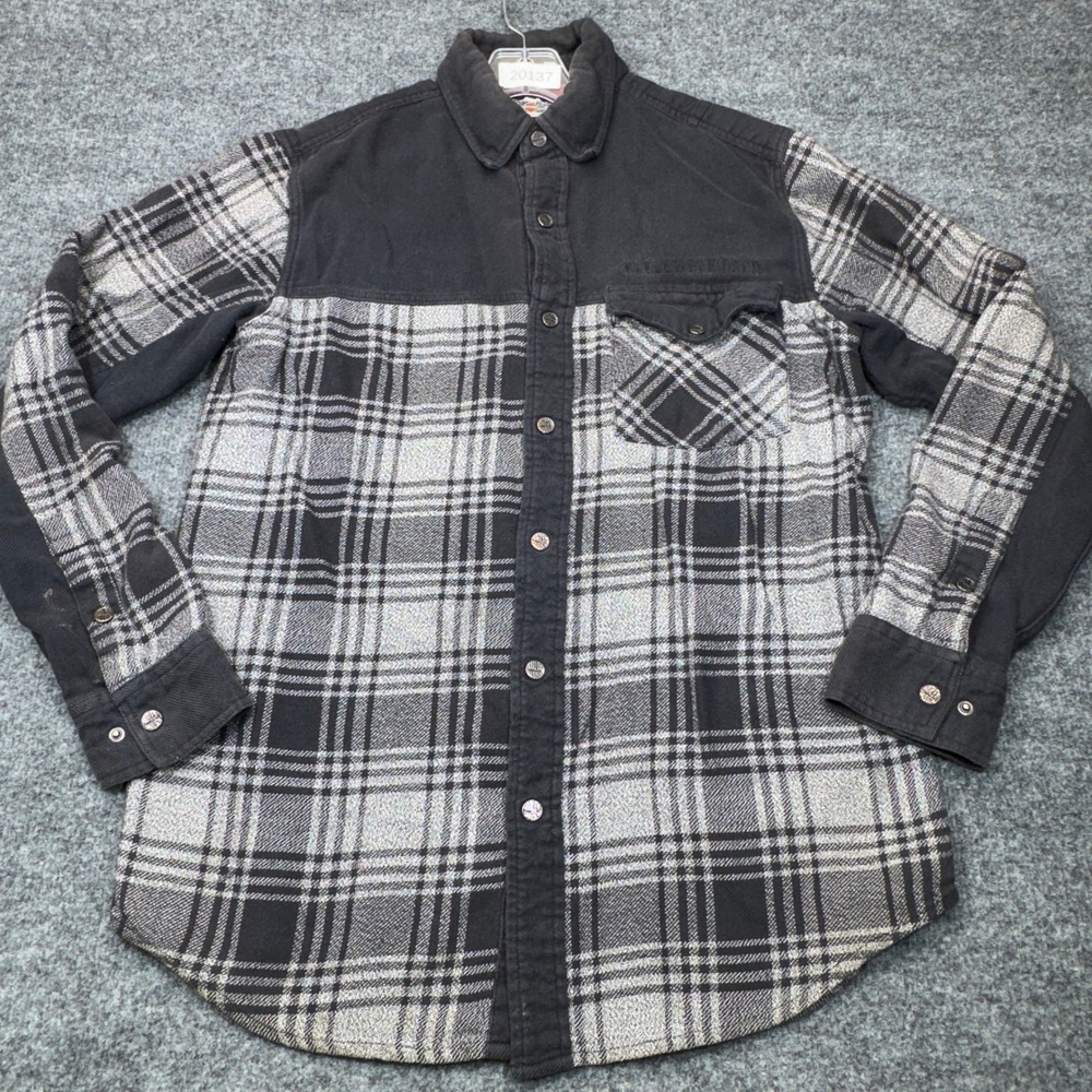 Harley-Davidson Shirt Mens Medium Gray Plaid Snap Long Sleeve Biker Overshirt